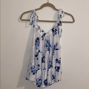 Aqua Floral Print Tiered Trapeze Top